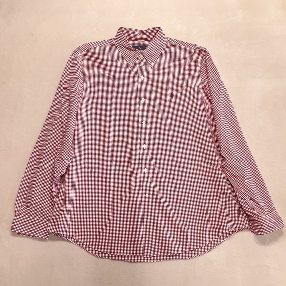 Ralph Lauren Mens LS Button Down Shirt XL Wine/White Gingham Check Navy Pony
